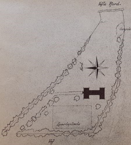 Gimle-grunden og placeringen af den H-formede bygning. Foto: Vejle Stadsarkiv