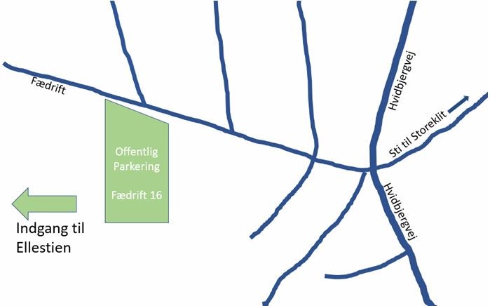 Indgangen til Ellestien, ved det offentlige areal ved Fædrift. Grafik: Gårslev Lokalråd